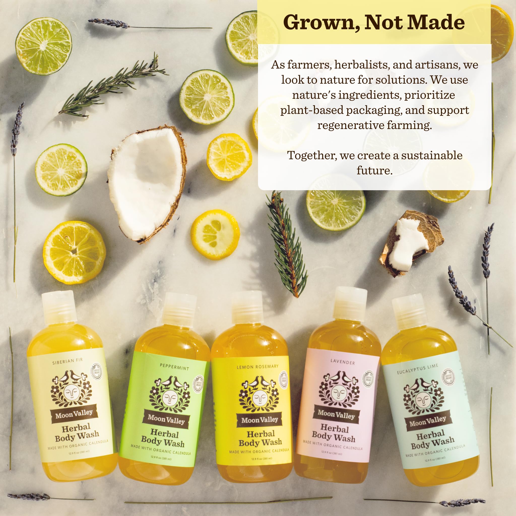 Lather from Moon Valley Organics Lemon Rosemary Herbal Body Wash with refreshing herbal scent.