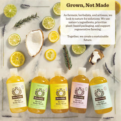 Lather from Moon Valley Organics Lemon Rosemary Herbal Body Wash with refreshing herbal scent.