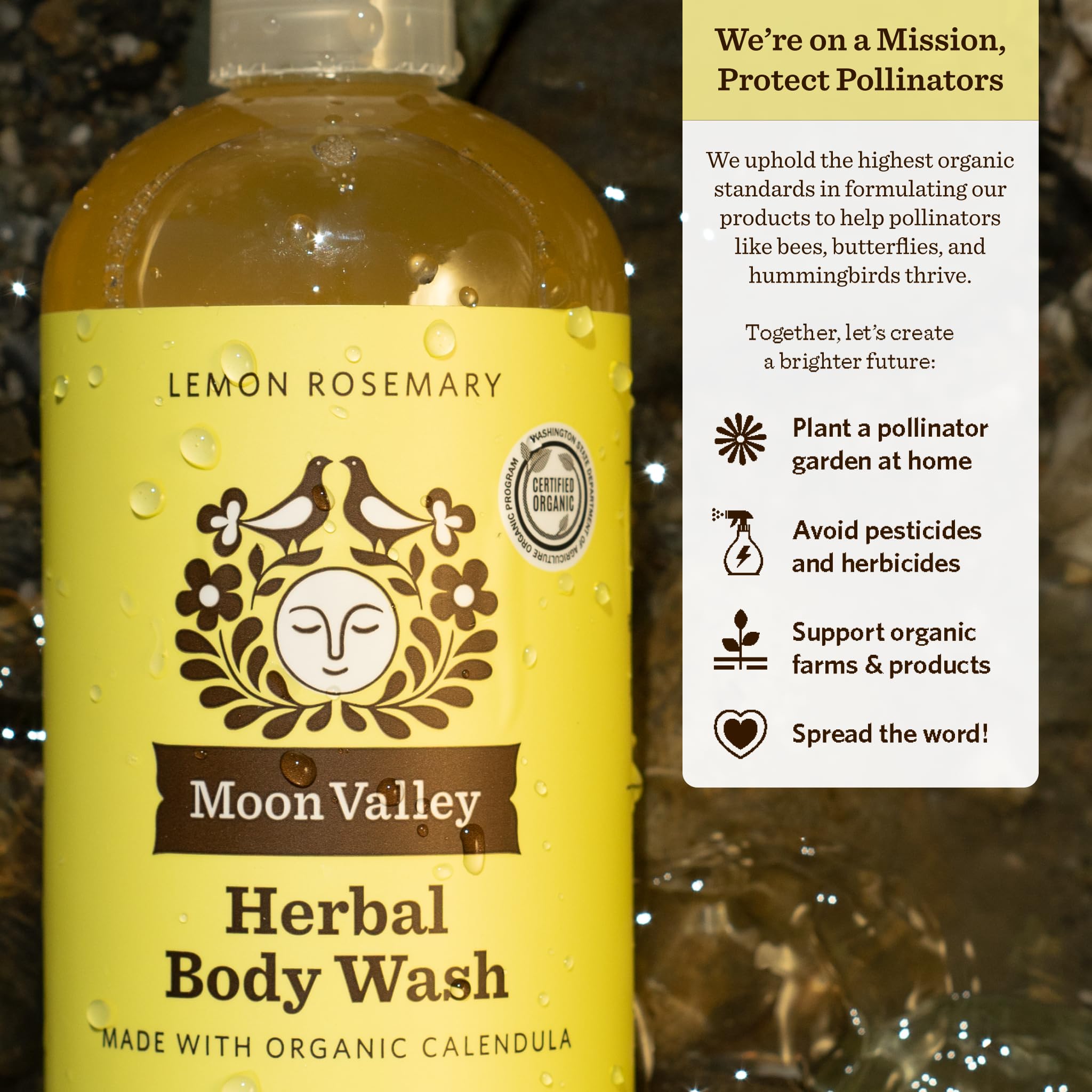 Moon Valley Organics Lemon Rosemary Herbal Body Wash packaging is recyclable and eco-friendly.