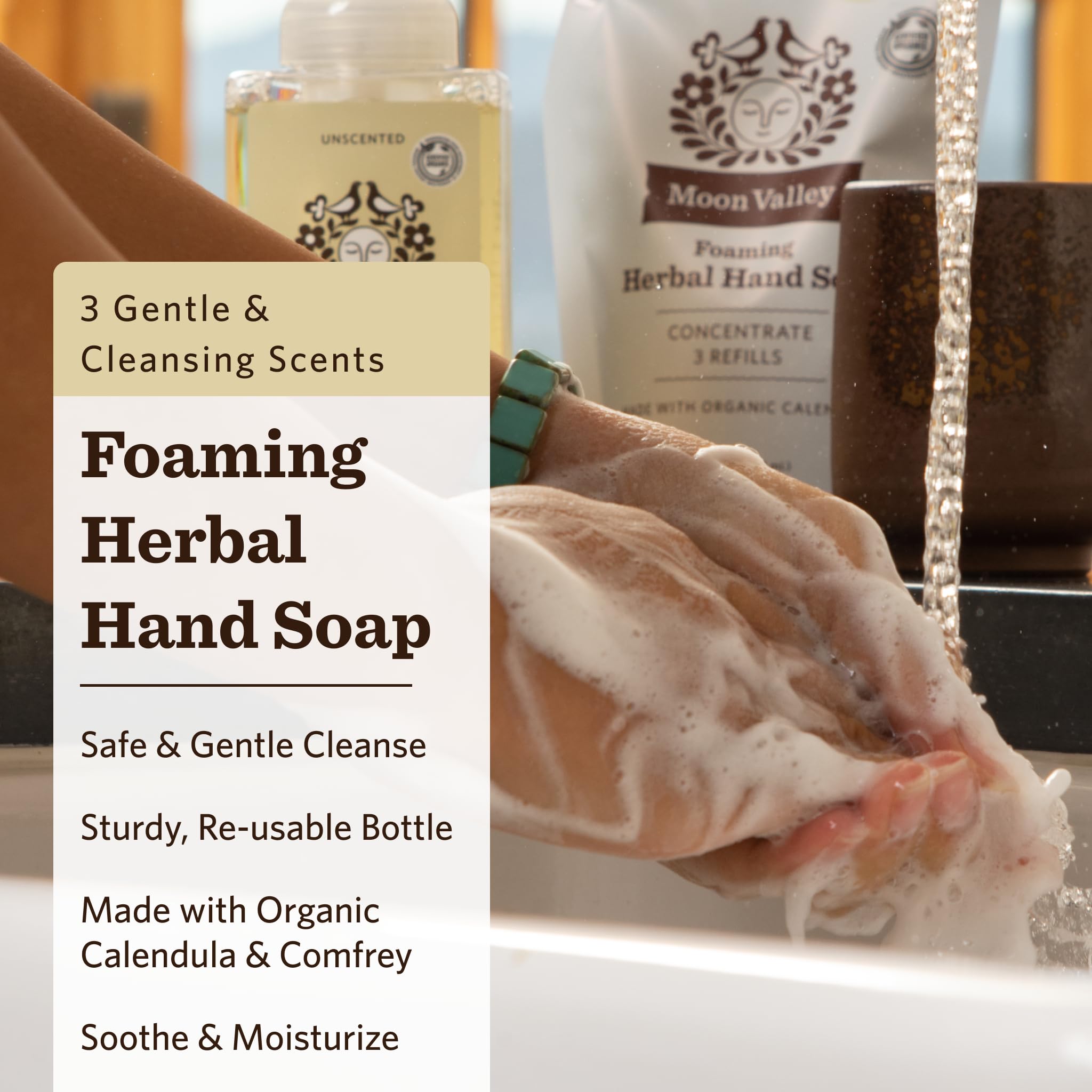 Moon Valley Organics Mint Lavender foaming hand soap bottle with calming fragrance for everyday use.