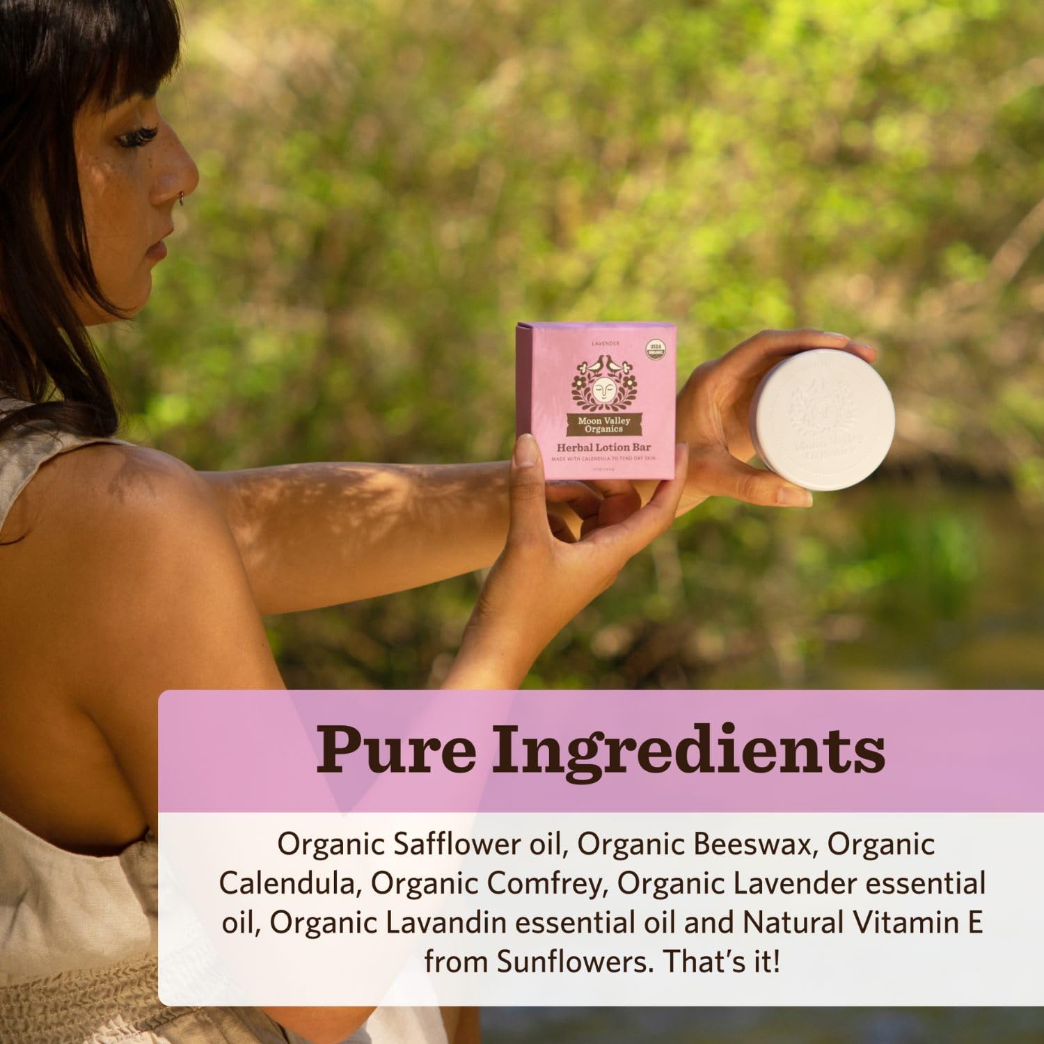 Moon Valley Organics Moon Melt Bar comfrey close-up emphasizes herbal relief for dry areas.