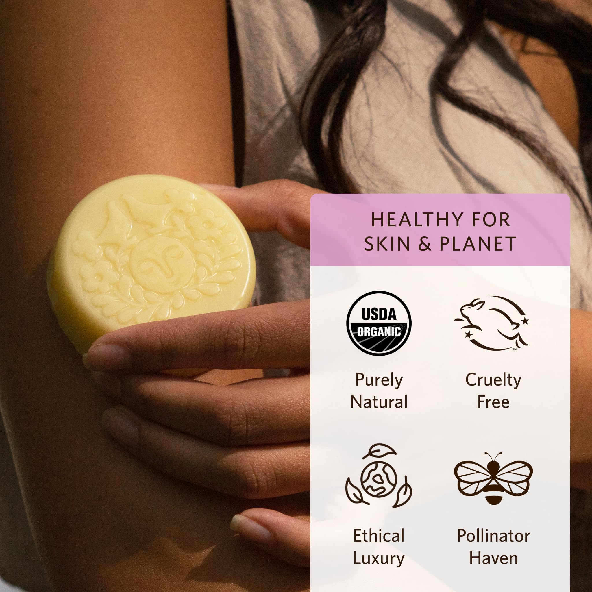 Moon Valley Organics Moon Melt Bar lavender application close-up demonstrates heat-activated moisturization.