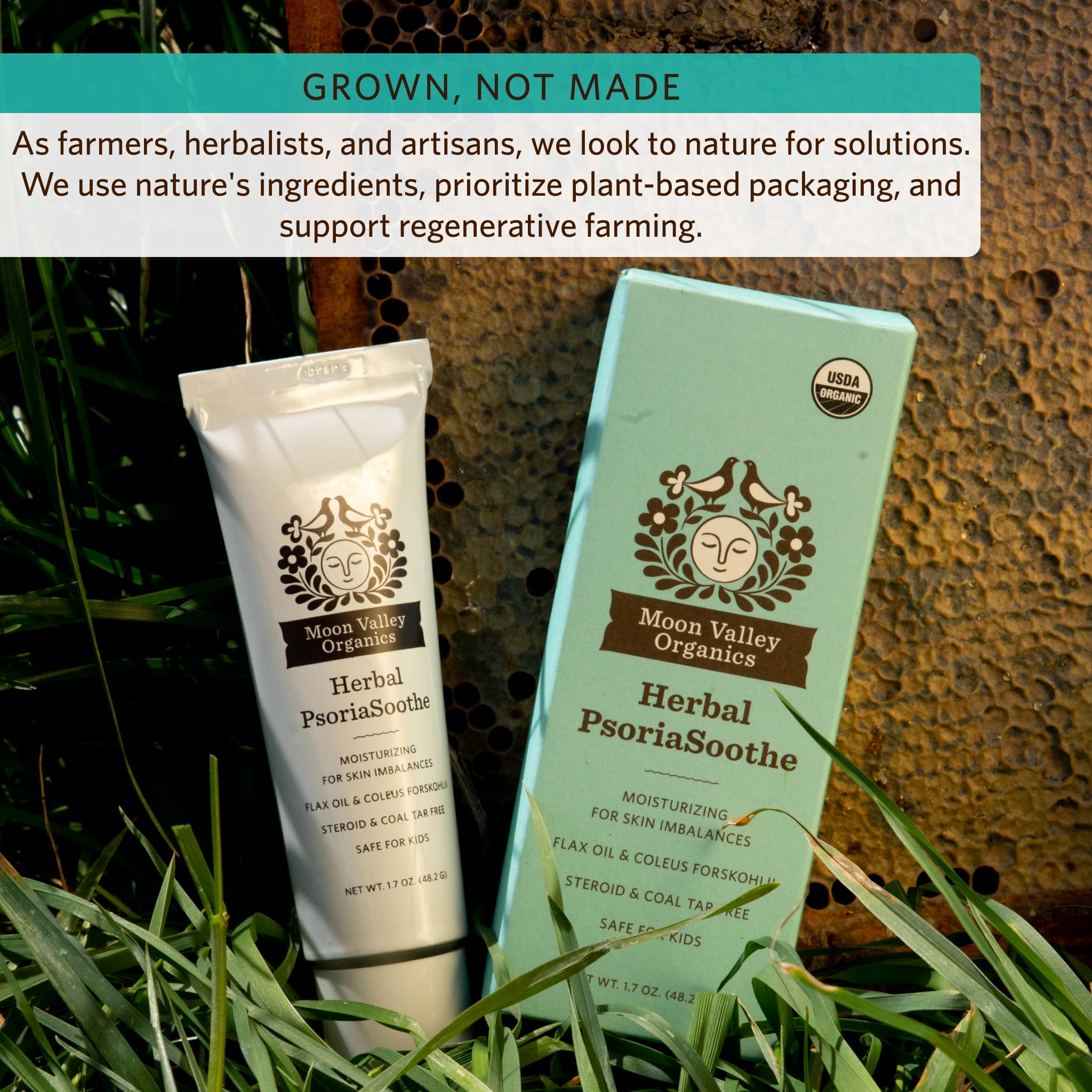 Moon Valley Organics PsoriaSoothe label highlights safe, all-ages use