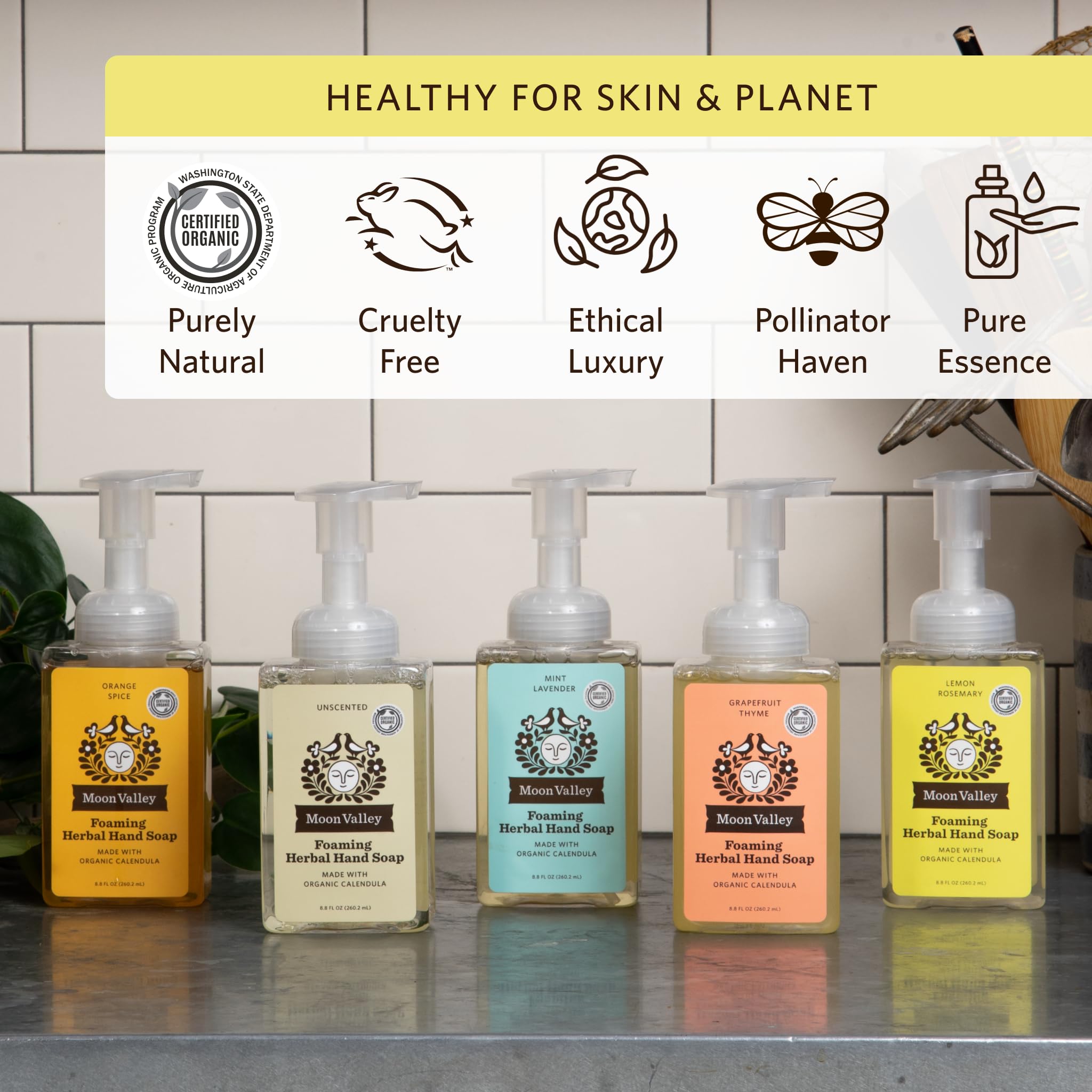 Moon Valley Organics recyclable bottle packaging supports eco-friendly use.
