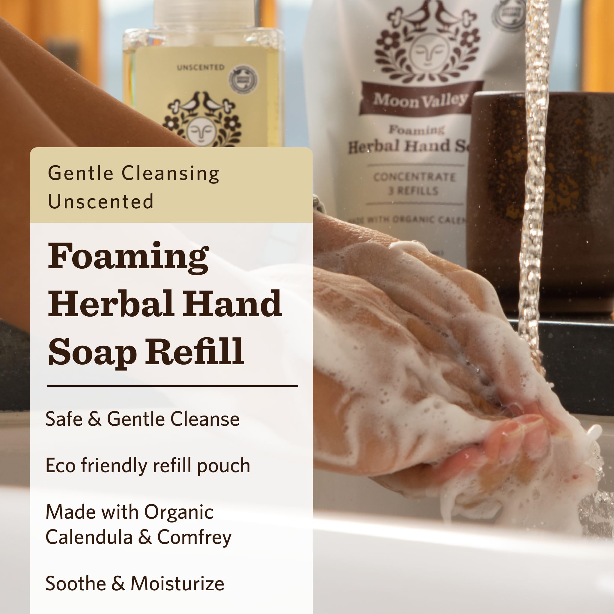 Moon Valley Organics unscented refill pouch close-up shows natural ingredient list.