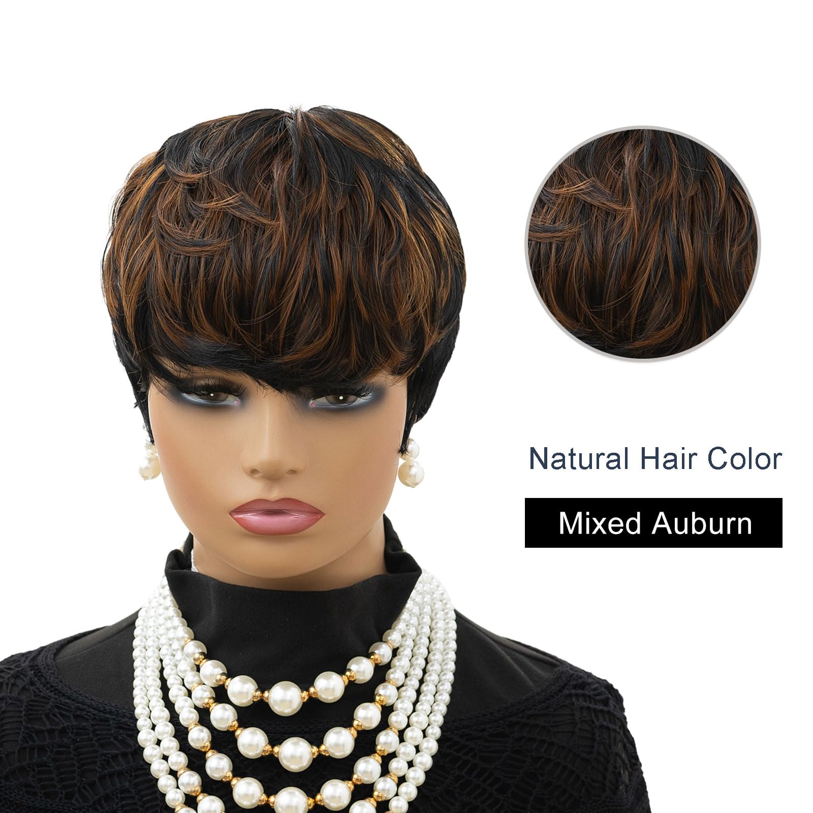 MOONSHOW brown auburn pixie bangs offers customizable face-framing style.