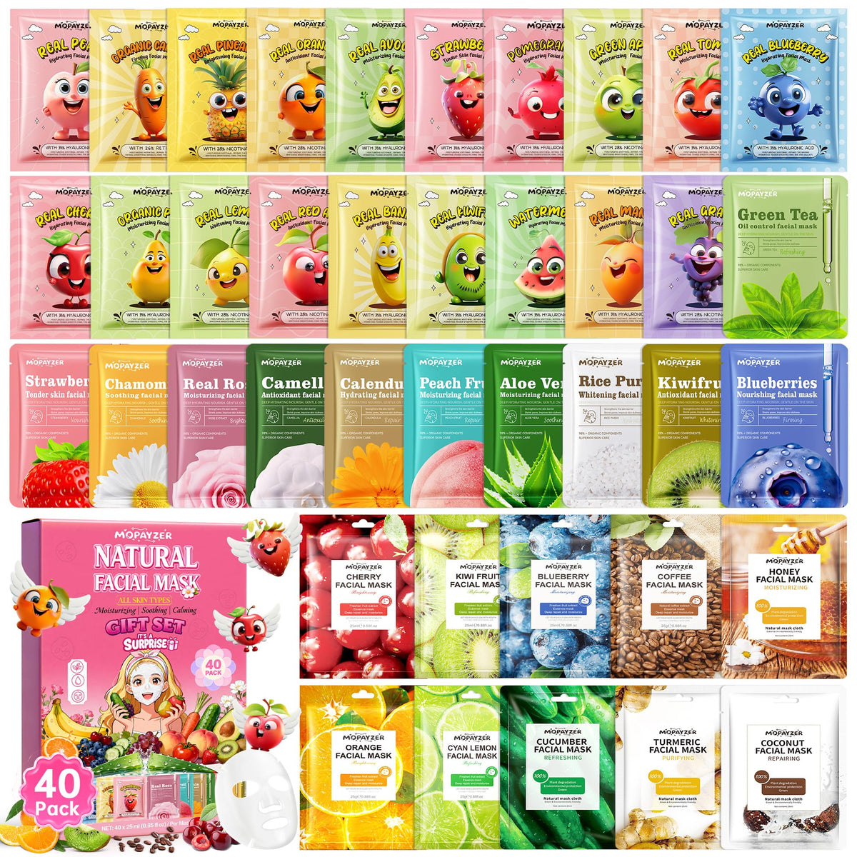 Mopayzer 40-piece collagen face masks set for deep hydration and skin comfort.