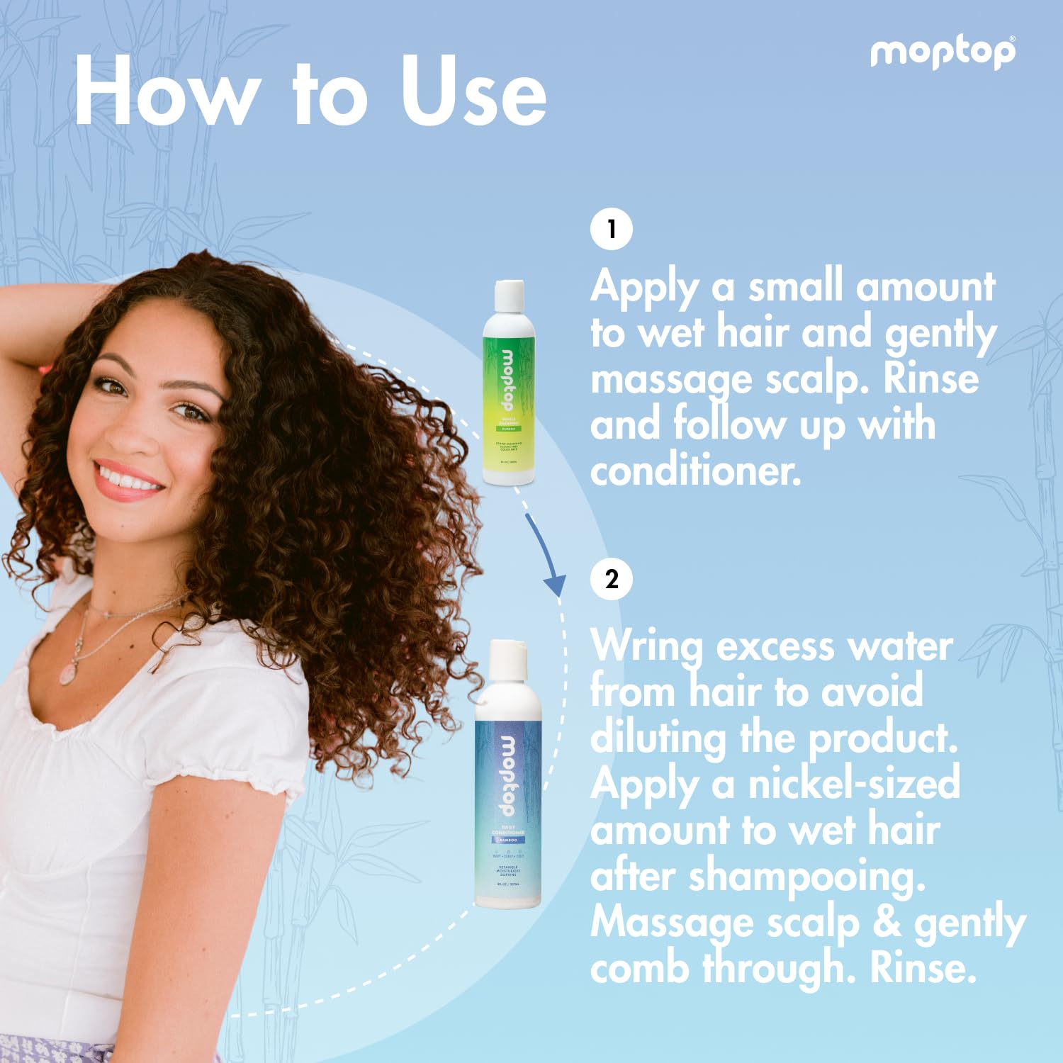 MopTop conditioner application close-up for frizz control and moisture.