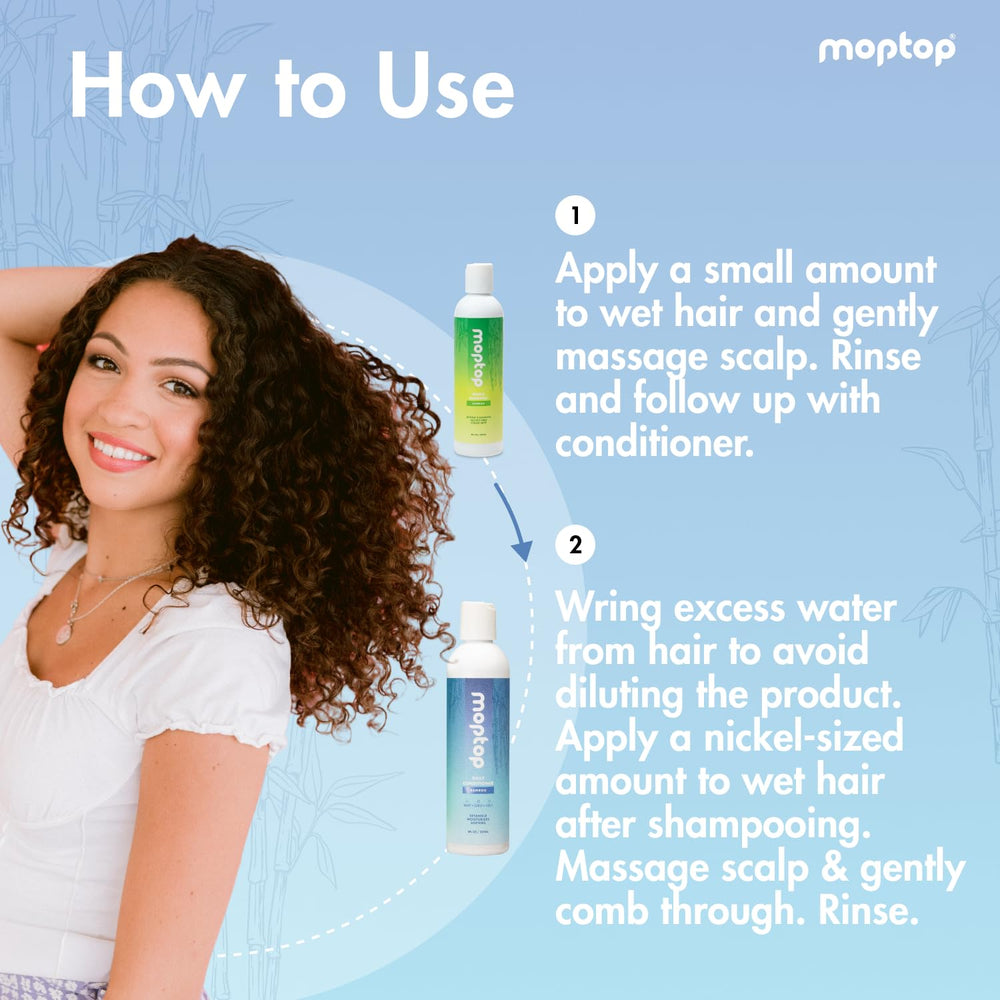 MopTop conditioner application close-up for frizz control and moisture.