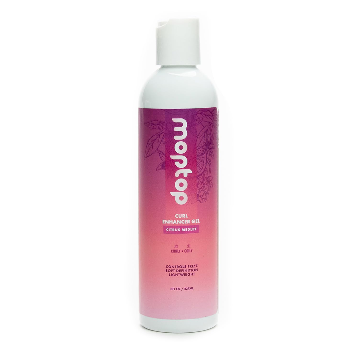 MopTop Curl Enhancer Gel bottle front shows defined curls and frizz control.