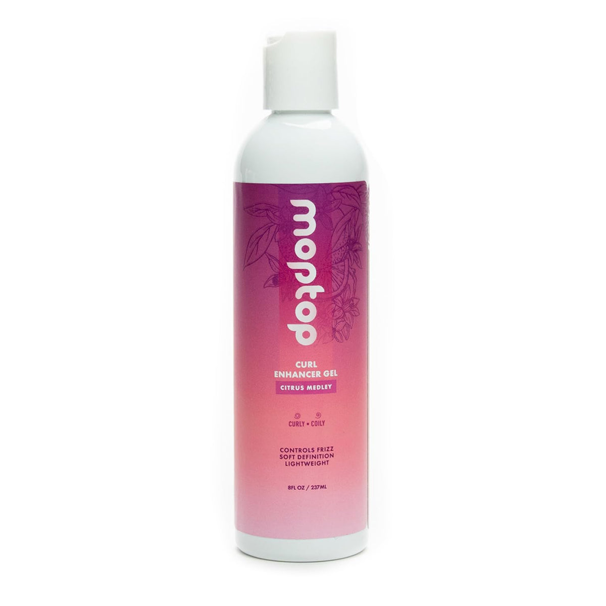 MopTop Curl Enhancer Gel bottle front shows defined curls and frizz control.