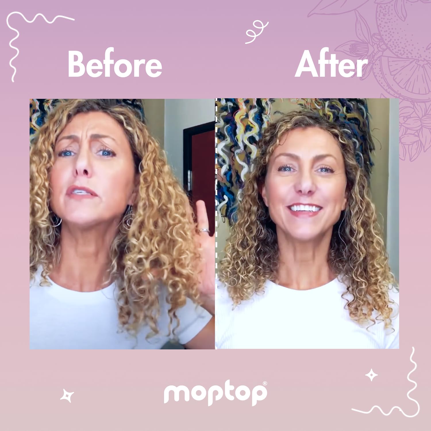 MopTop Curly Hair Gel jar defines curls with shine and moisture.
