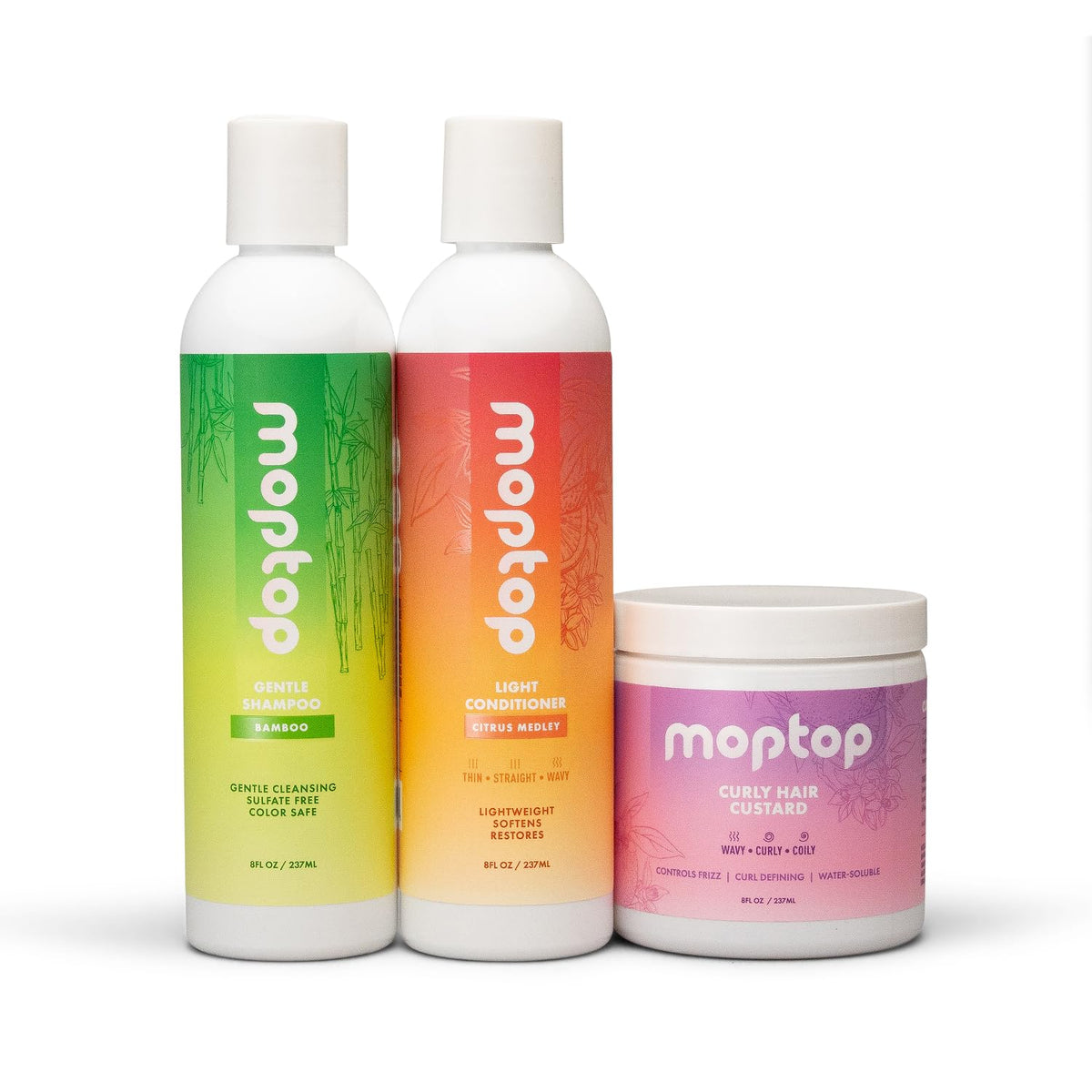 MopTop Gentle Shampoo bottle shows color-safe cleansing for soft, defined curls.