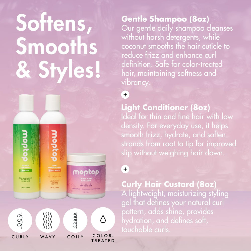 MopTop Light Conditioner bottle offers lightweight hydration for frizz control.