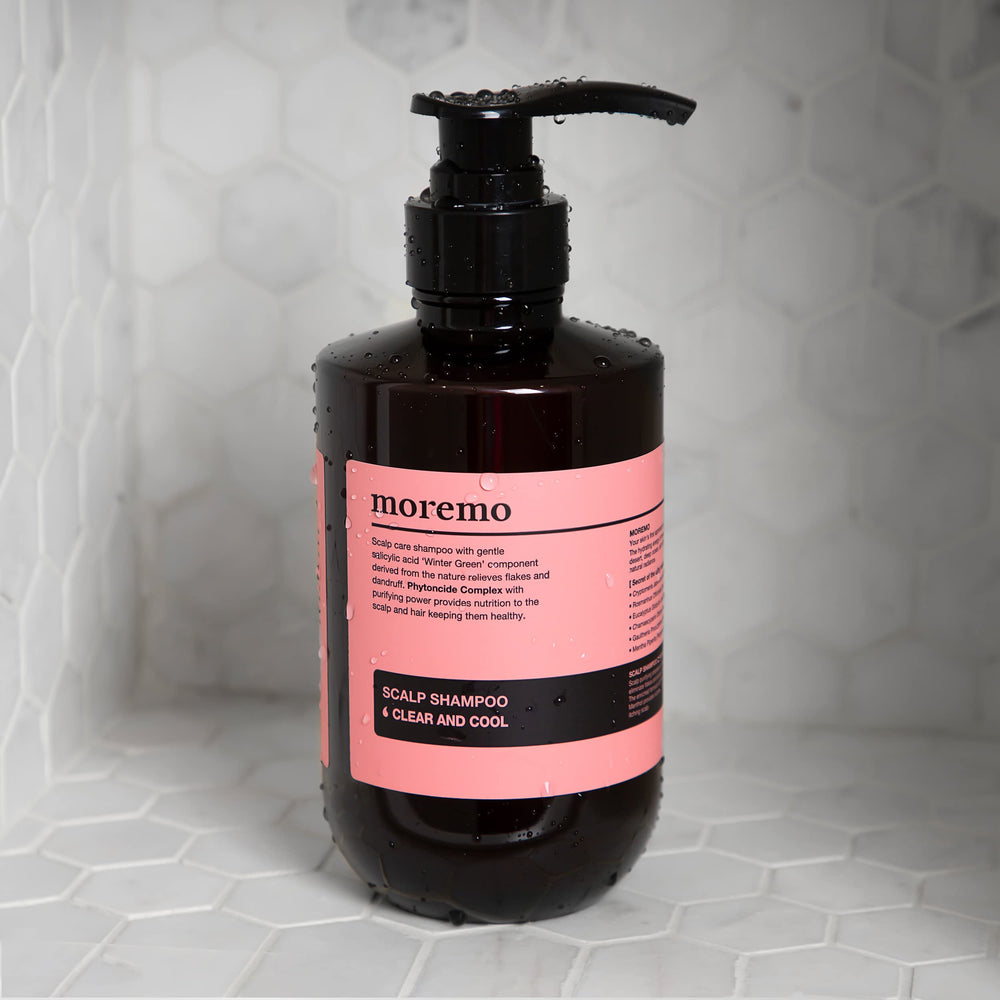 Moremo scalp shampoo ingredients closeup highlighting natural actives for nourishment