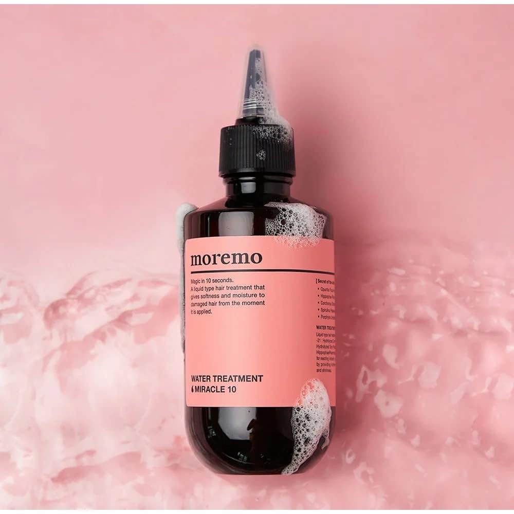 Moremo Water Treatment Miracle 10 apply on damp hair for smoothness.