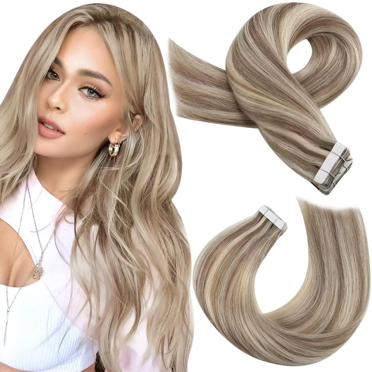 Moresoo tape-in extensions in blonde highlights for natural volume.