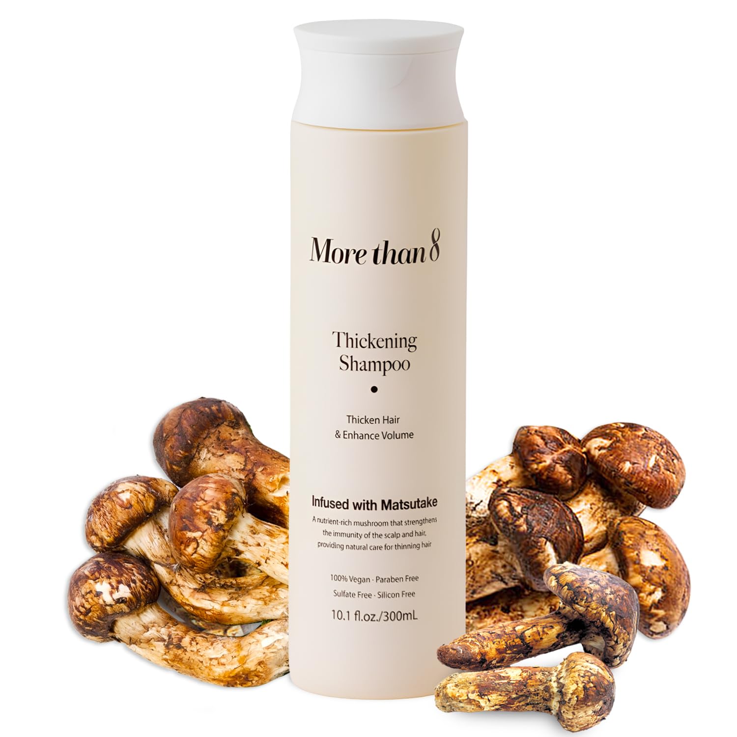 Morethan8 Matsutake shampoo bottle highlights natural, nourishing formula for fuller-looking hair