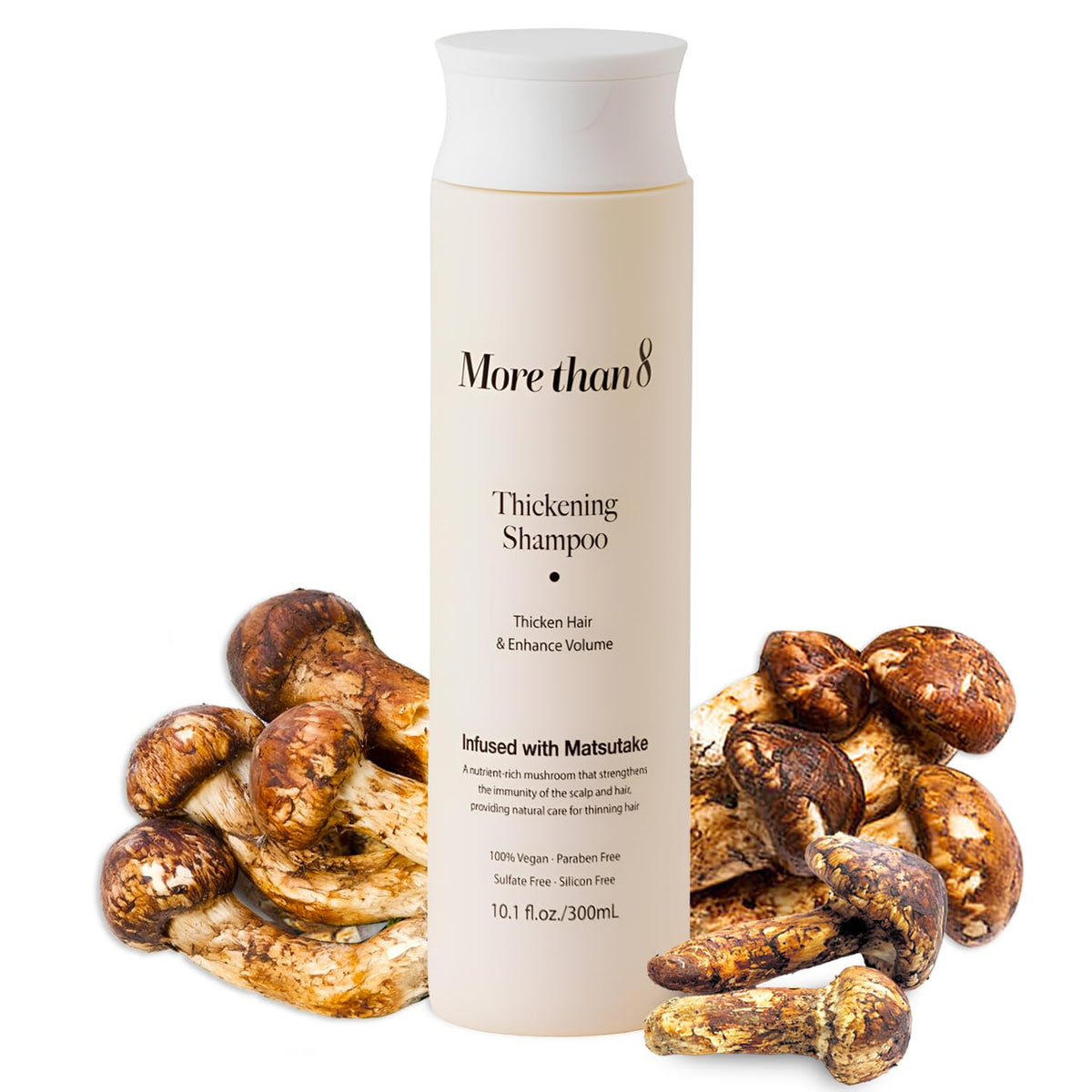 Morethan8 Matsutake shampoo bottle highlights natural, nourishing formula for fuller-looking hair