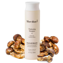 Morethan8 Matsutake shampoo bottle highlights natural, nourishing formula for fuller-looking hair