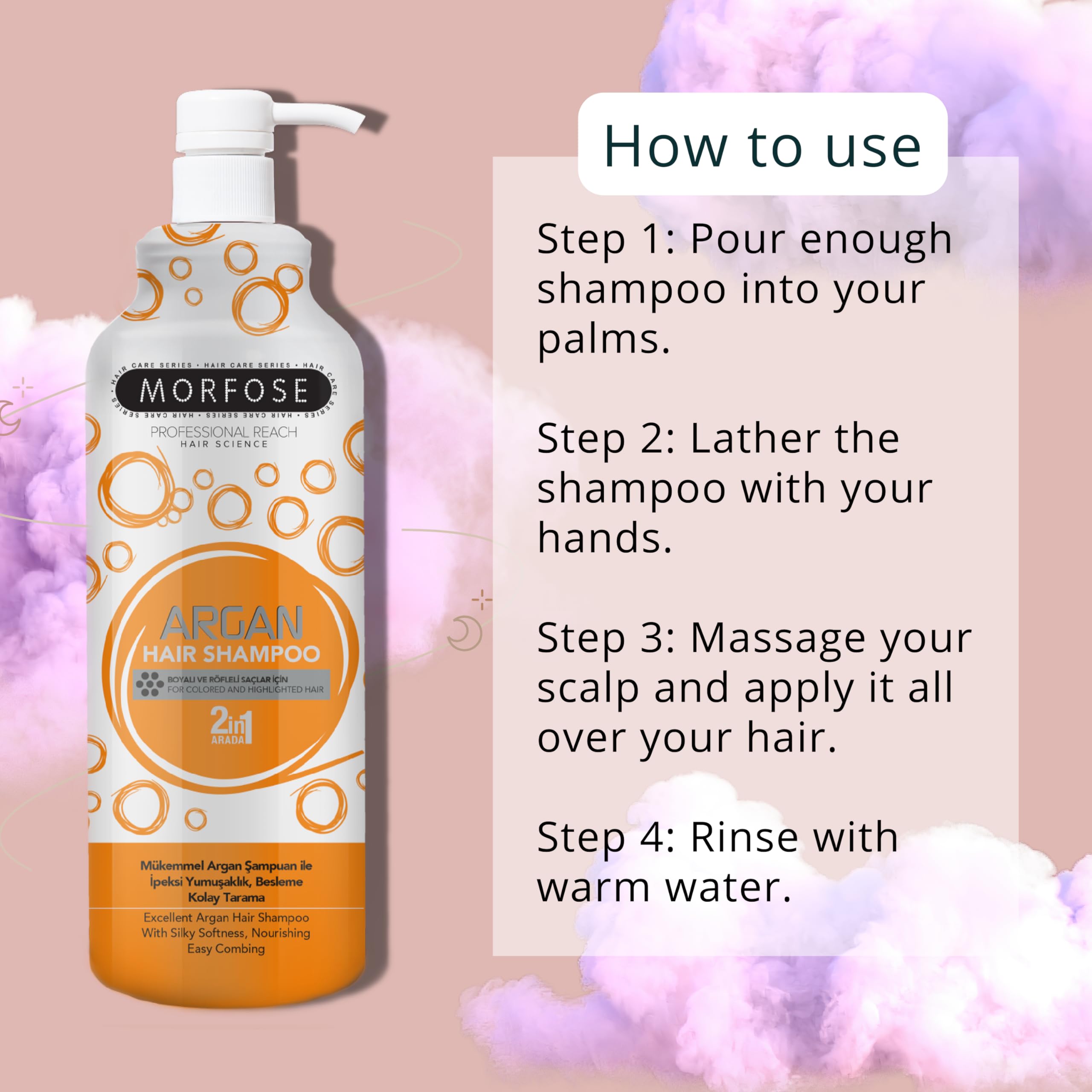 Morfose Argan Shampoo bottle beside towels suggesting daily scalp care