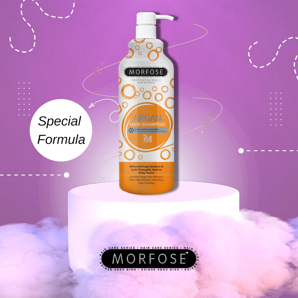 Morfose Argan Shampoo pour demonstrating rich lather for revitalized hair