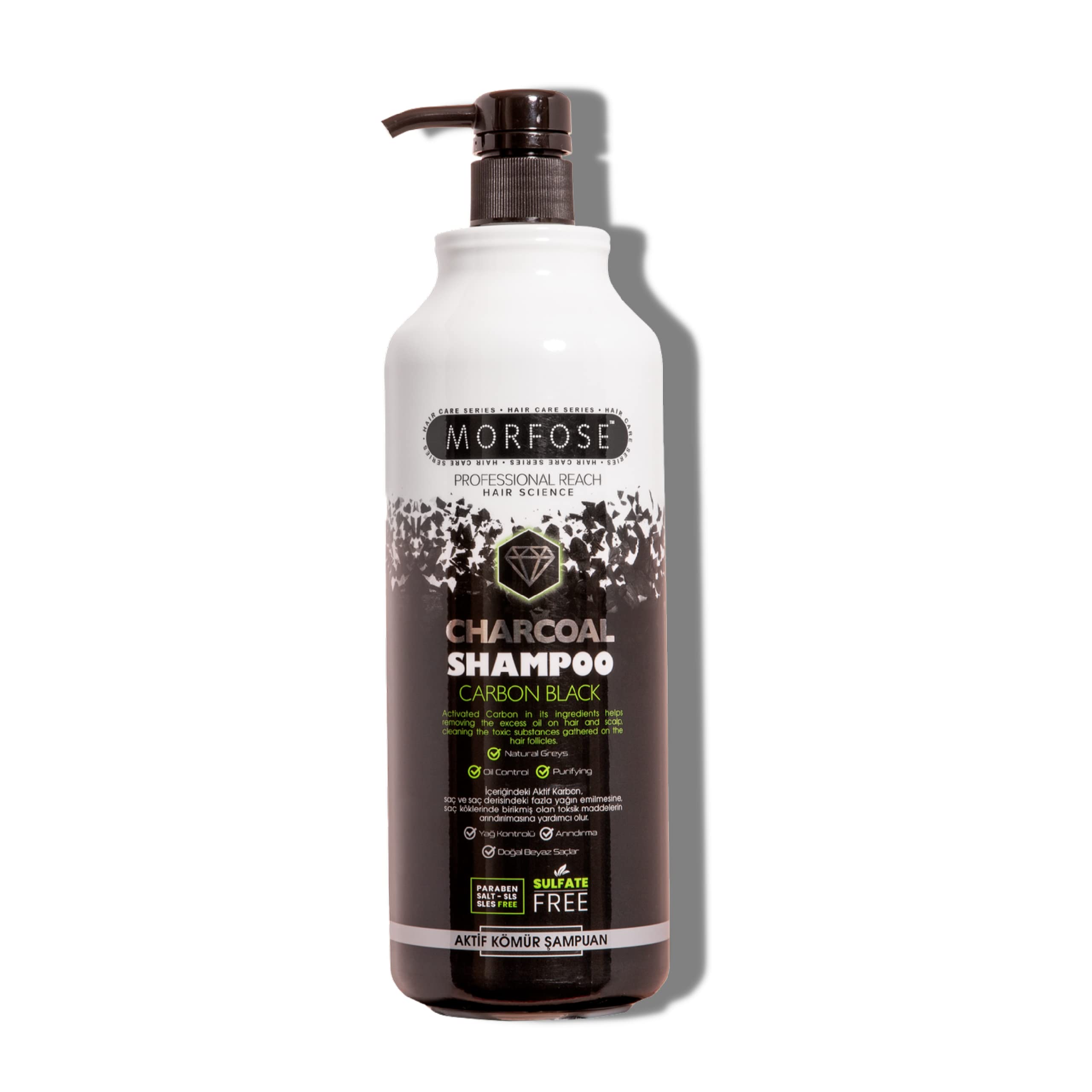Morfose Charcoal bottle pour demonstrating deep cleansing for hair and scalp
