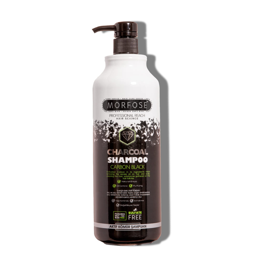 Morfose Charcoal bottle pour demonstrating deep cleansing for hair and scalp
