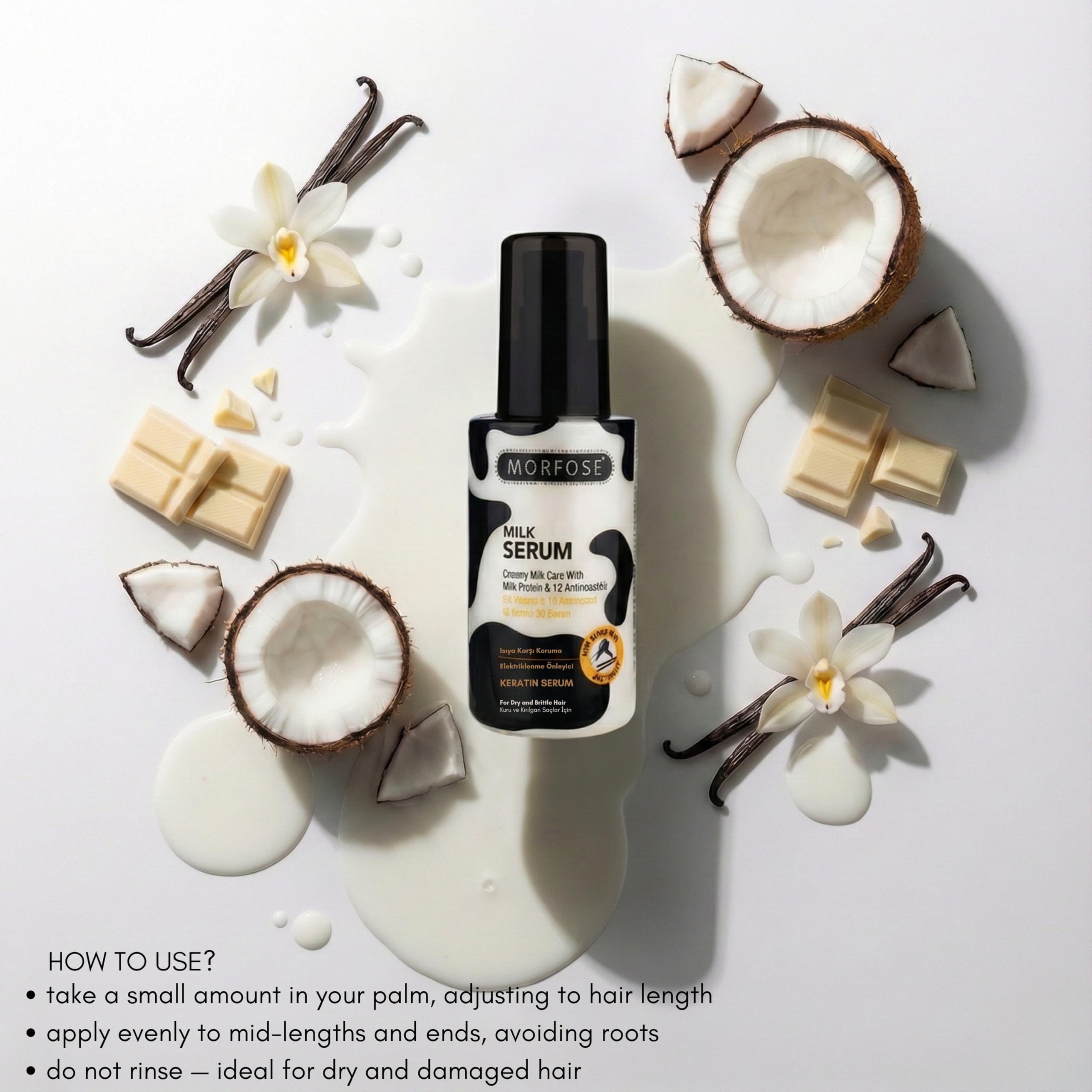 Morfose Milk Therapy Serum targets damage care, reducing roughness and visible split ends over time.
