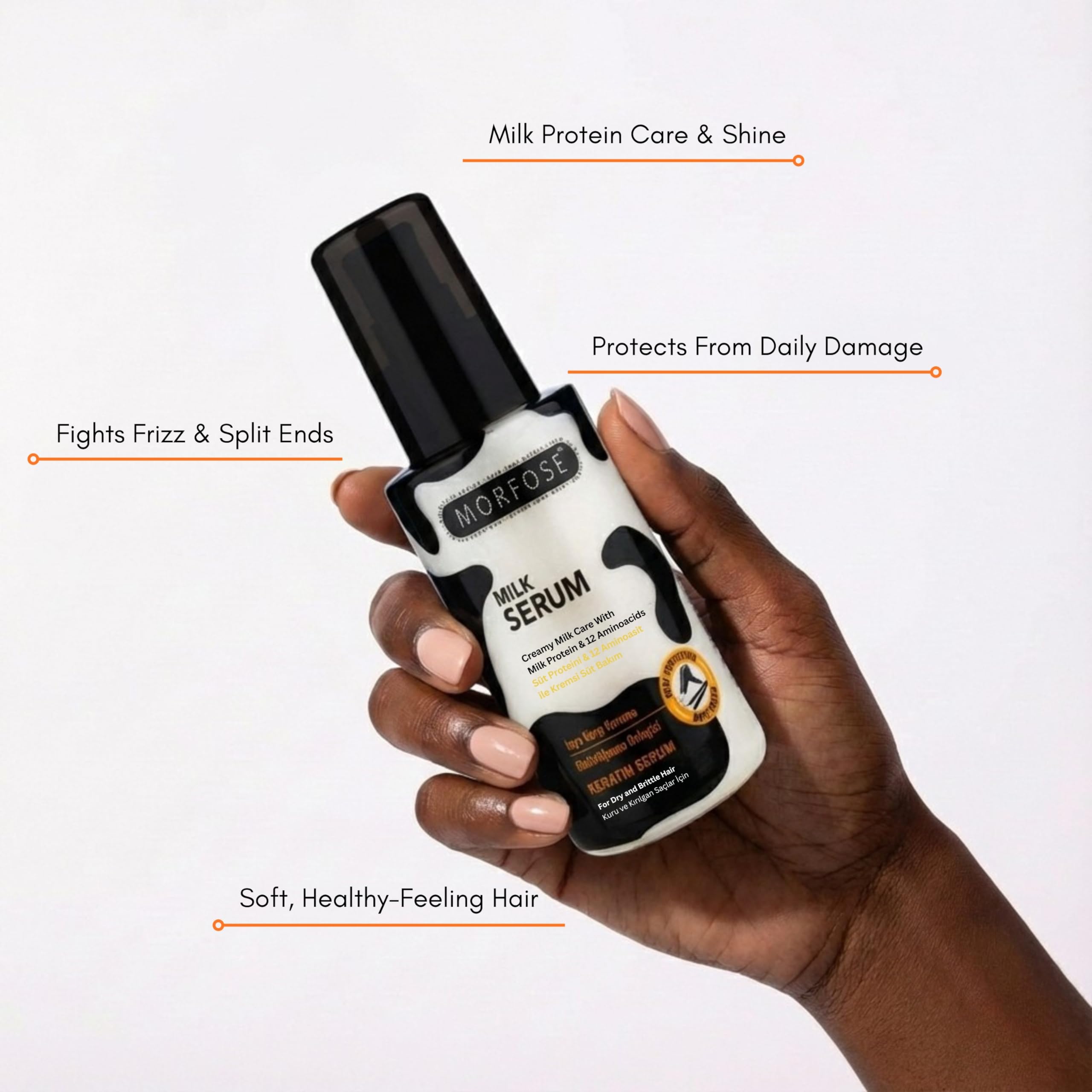 Morfose Milk Therapy Serum texture close-up showing creamy, lightweight formula for daily styling.