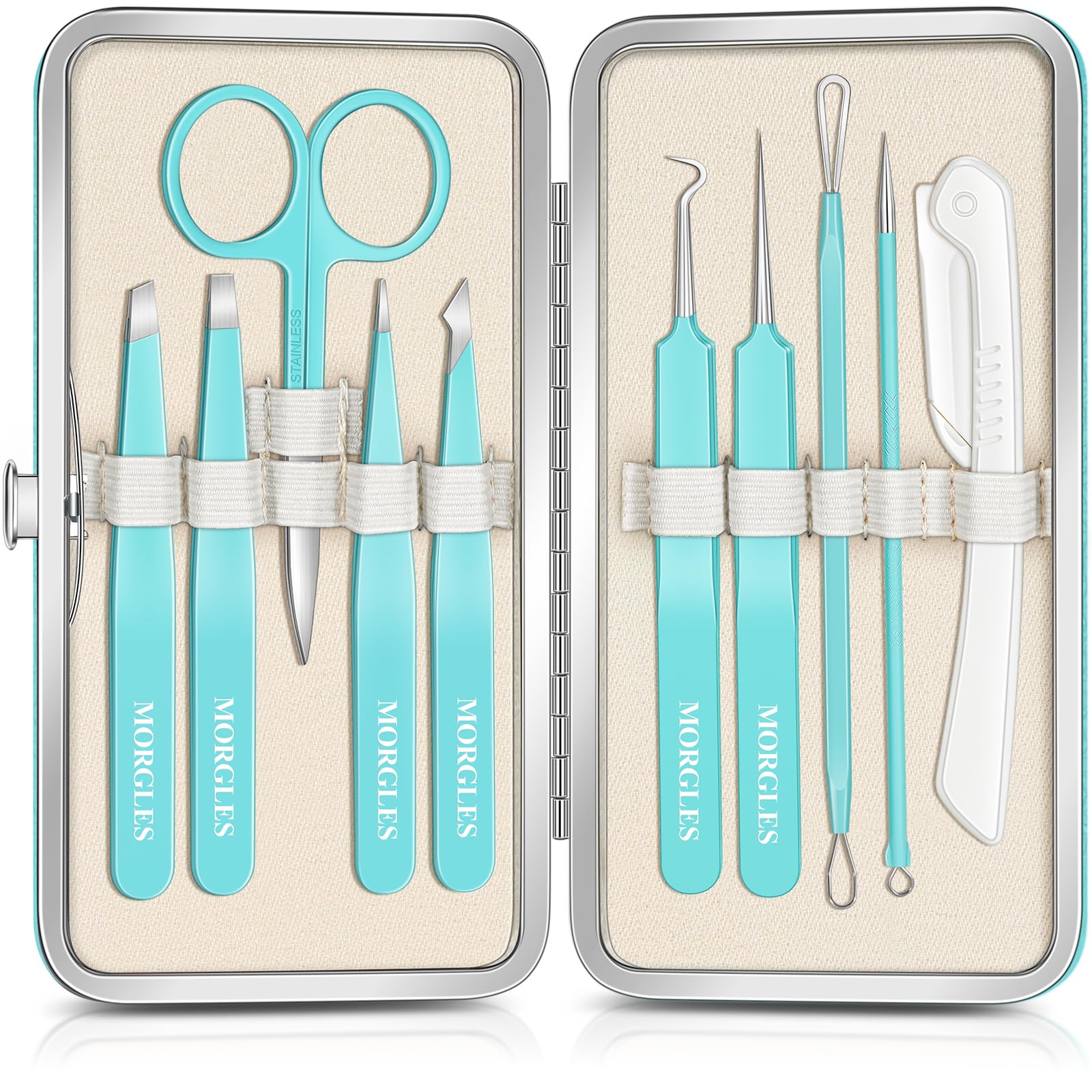 MORGLES 10-in-1 tweezers kit with case for on-the-go grooming.