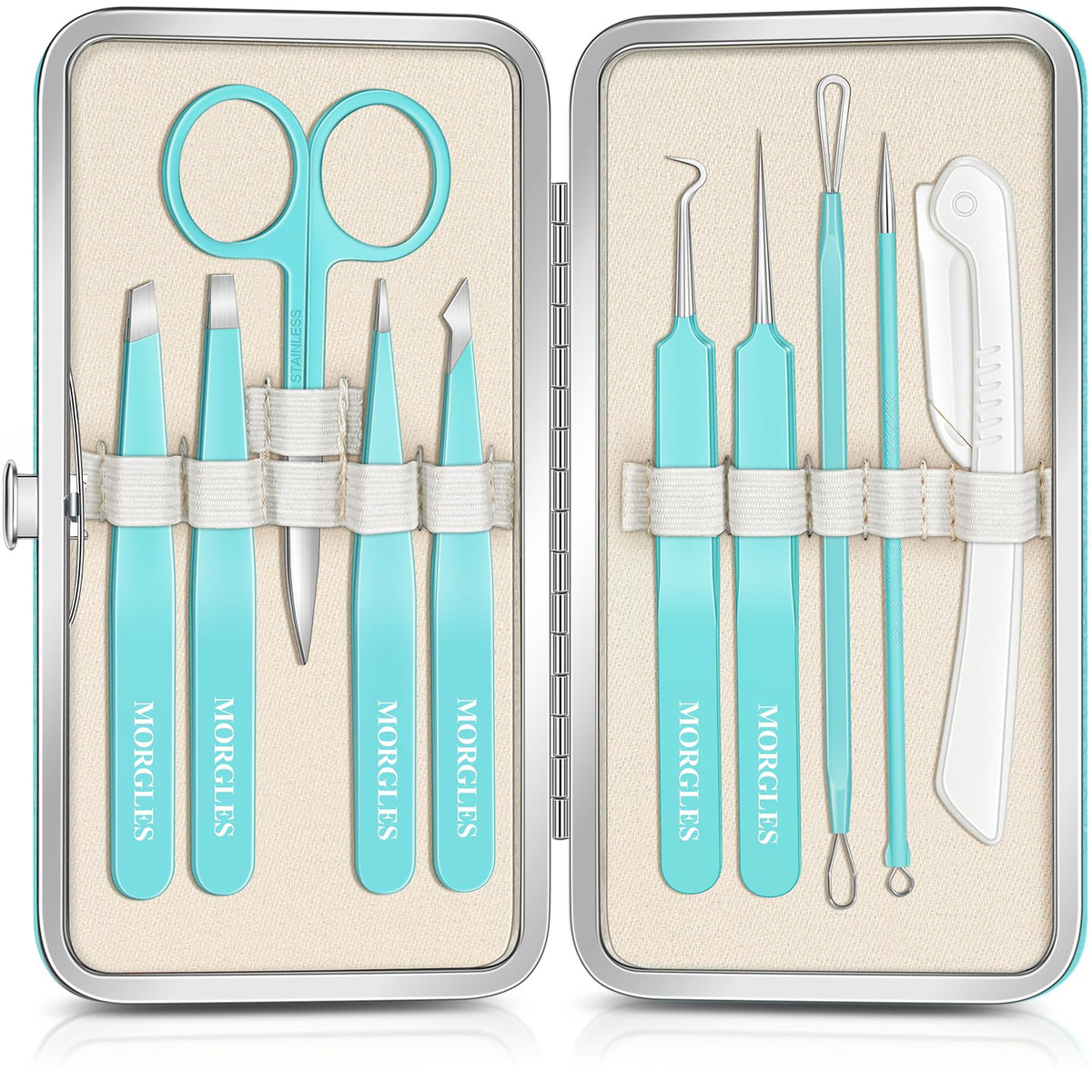 MORGLES 10-in-1 tweezers kit with case for on-the-go grooming.