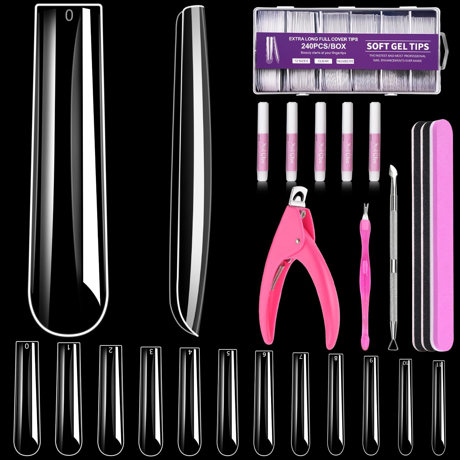 MORGLES extra-long full-cover nail tips in clear finish for dramatic DIY nails