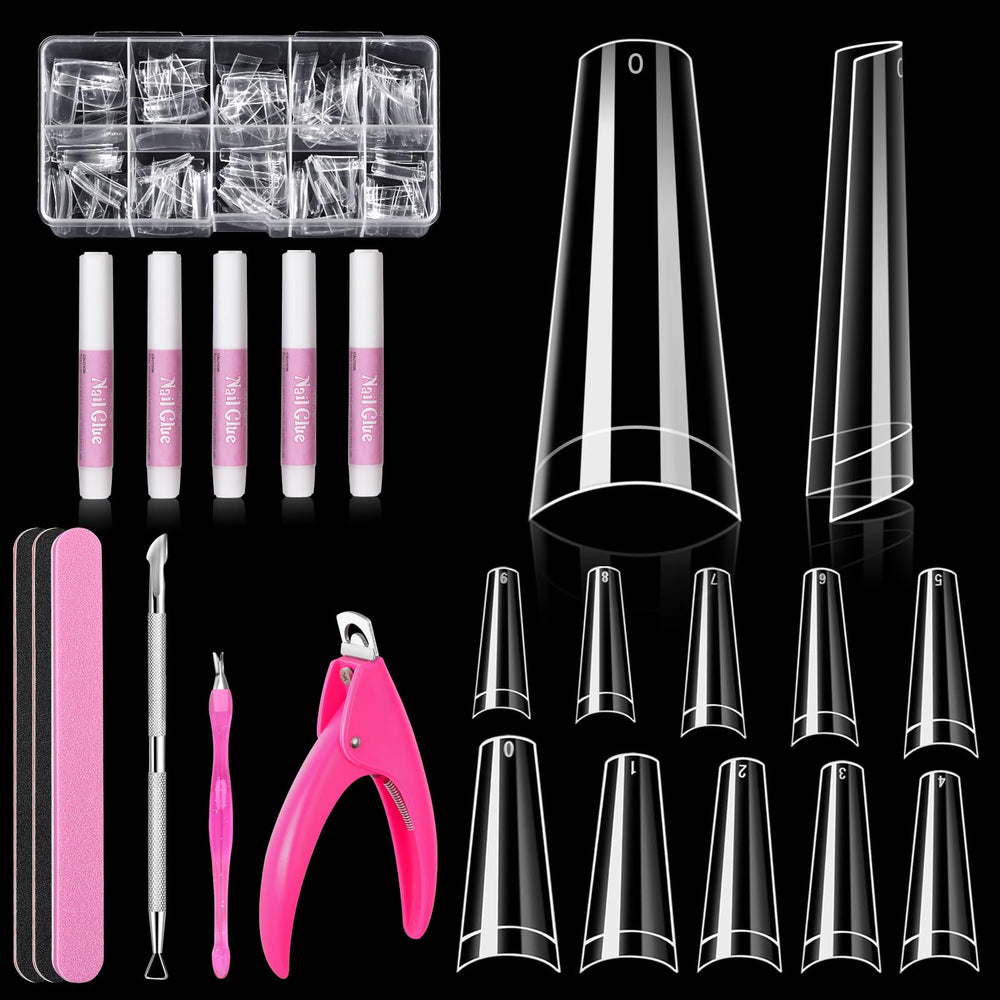 Morgles half-cover coffin nail tips set with 500 clear tips in a storage box.