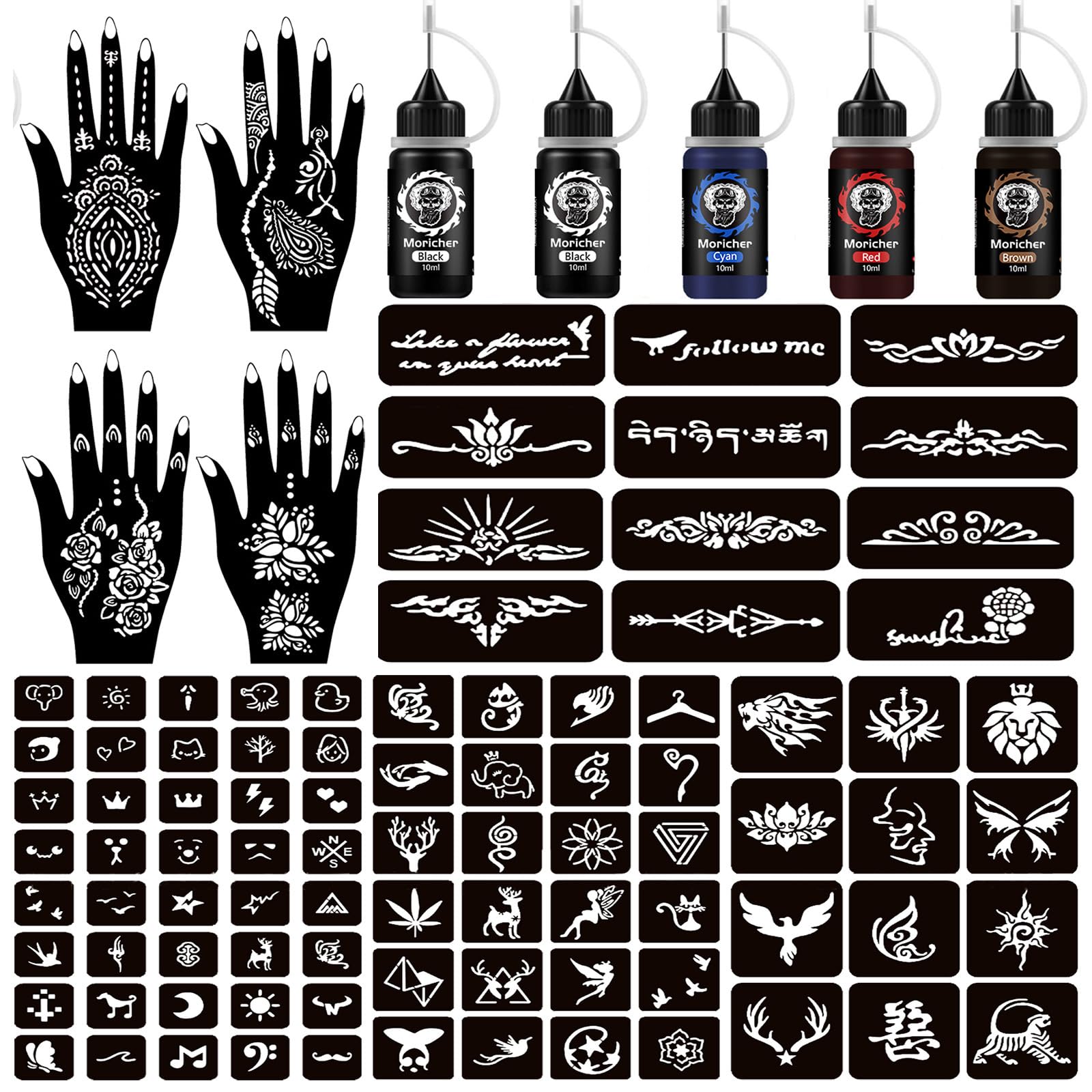 Moricher Henna Tattoo Kit ink bottles offer vibrant color options for bold temporary designs.