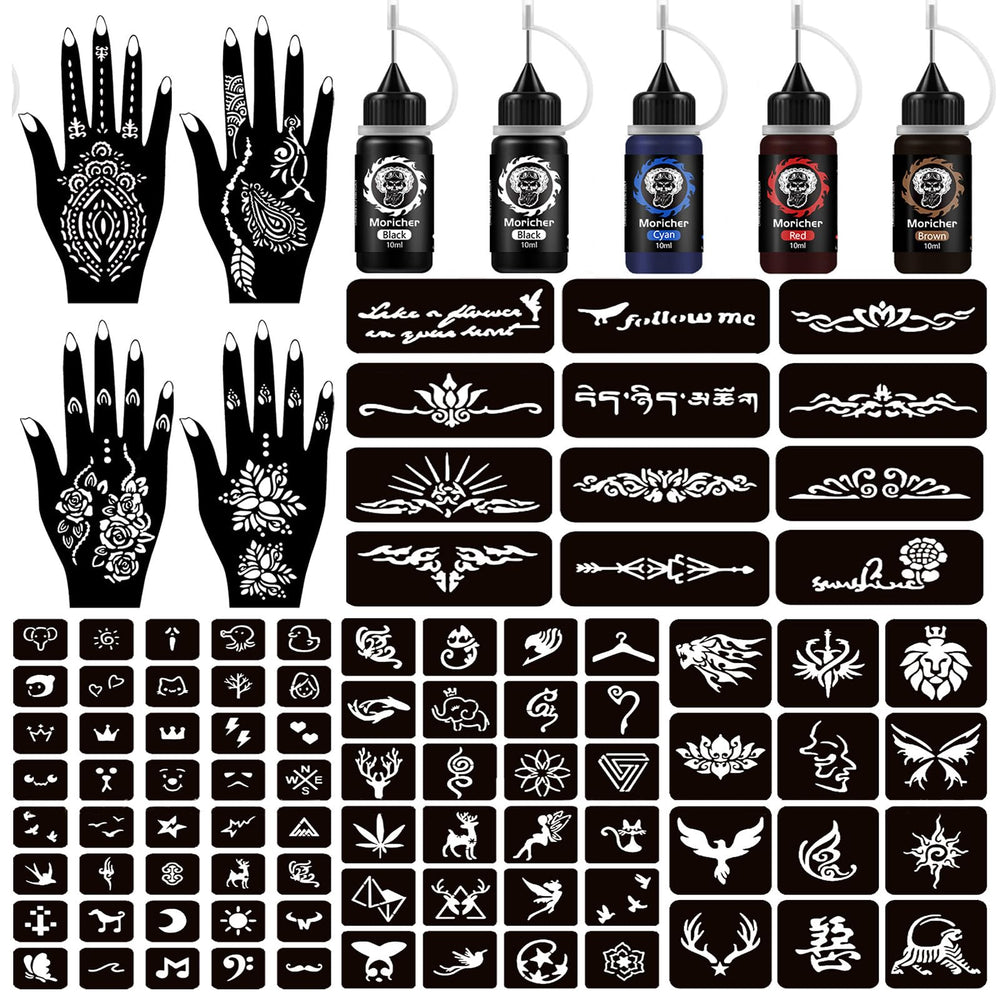 Moricher Henna Tattoo Kit ink bottles offer vibrant color options for bold temporary designs.