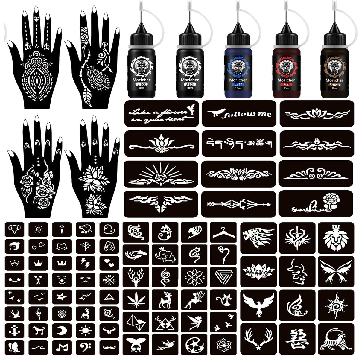 Moricher Henna Tattoo Kit ink bottles offer vibrant color options for bold temporary designs.