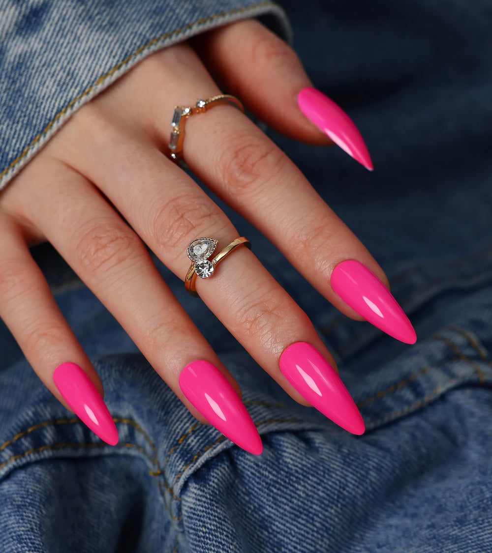 Morily 24pcs press-on nails hot pink stiletto pack for quick salon-style nails at home