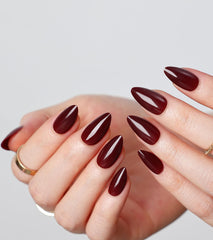 Morily almond burgundy close-up shows the almond shape and shine