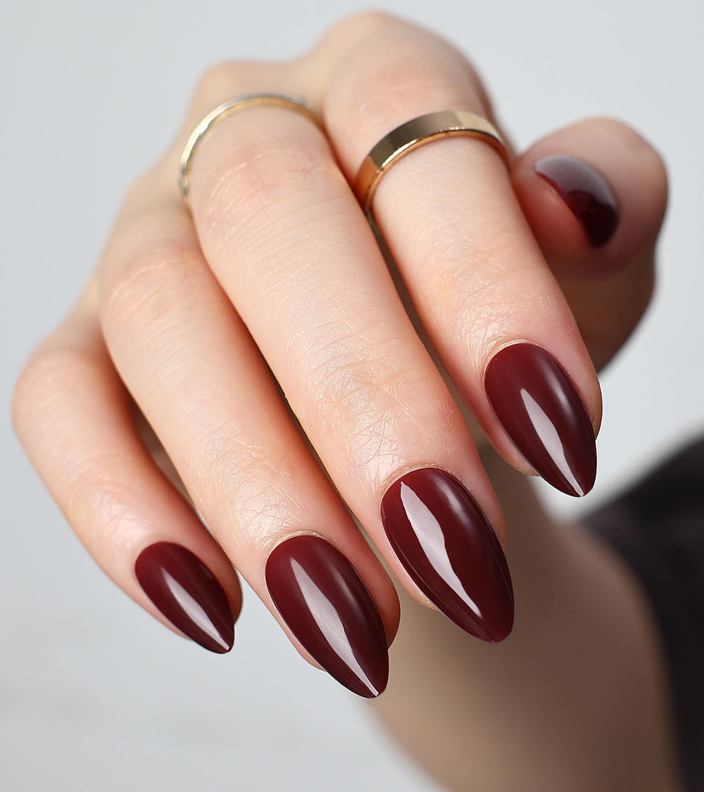 Morily almond burgundy nails with a glossy finish ideal for everyday wear