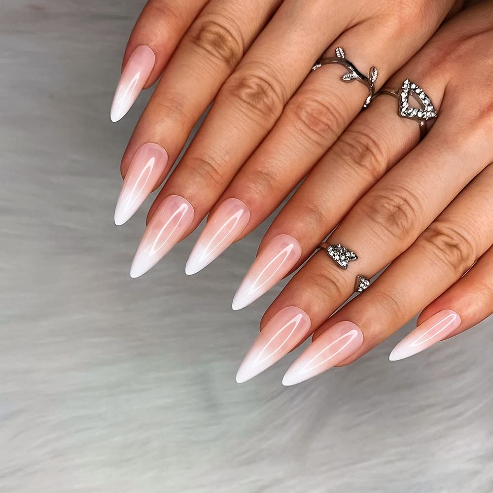 Morily matte fake nails in almond stiletto shape for quick chic at-home manicure.