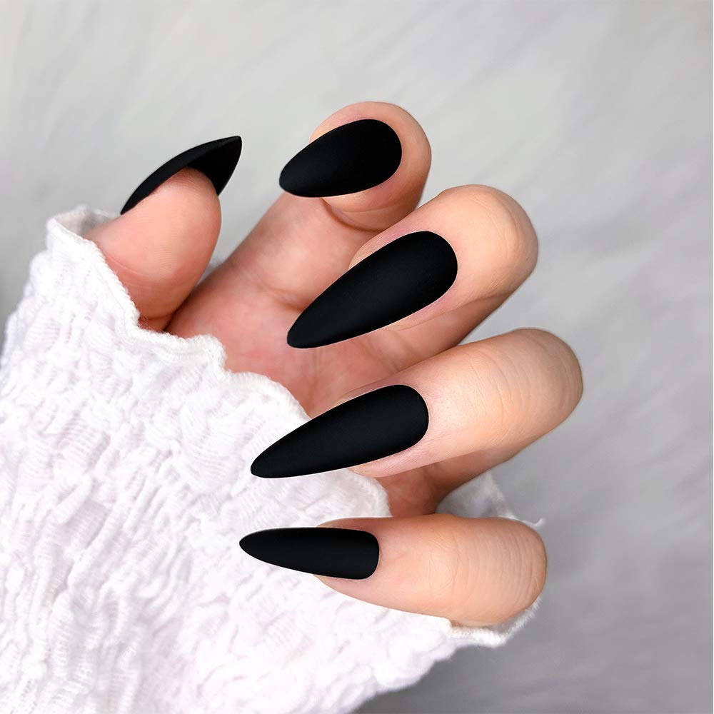 Morily matte black nails applied on hand for at-home use.