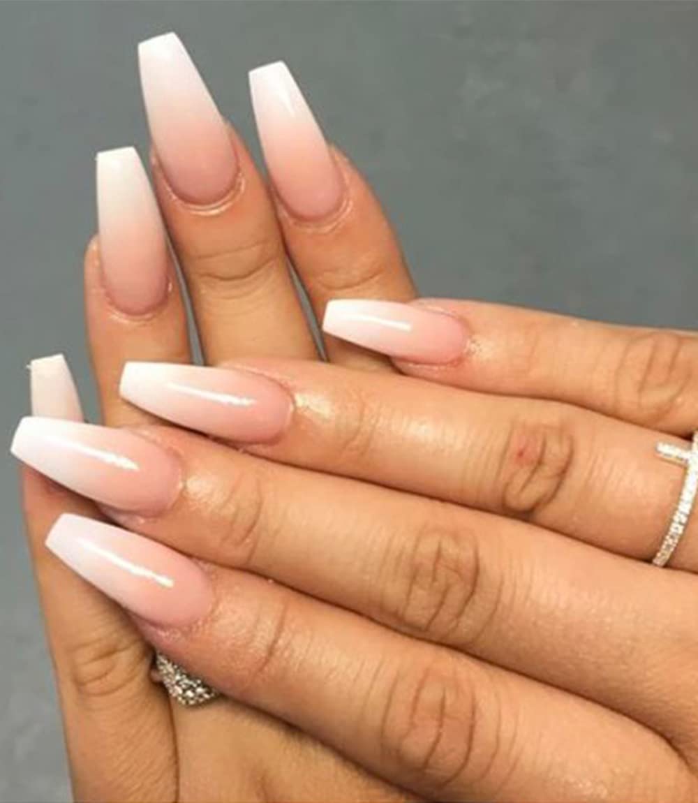 Morily pink ombre coffin nails with glossy finish for everyday wear.