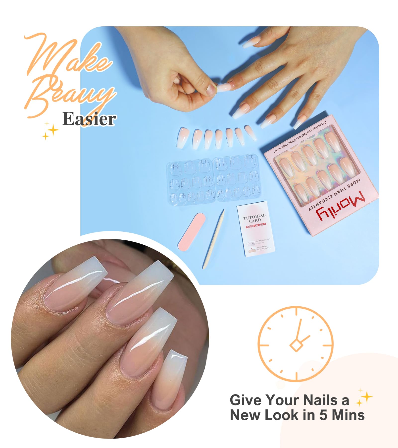 Morily reusable press-on nails with adhesive tabs for quick reuse.