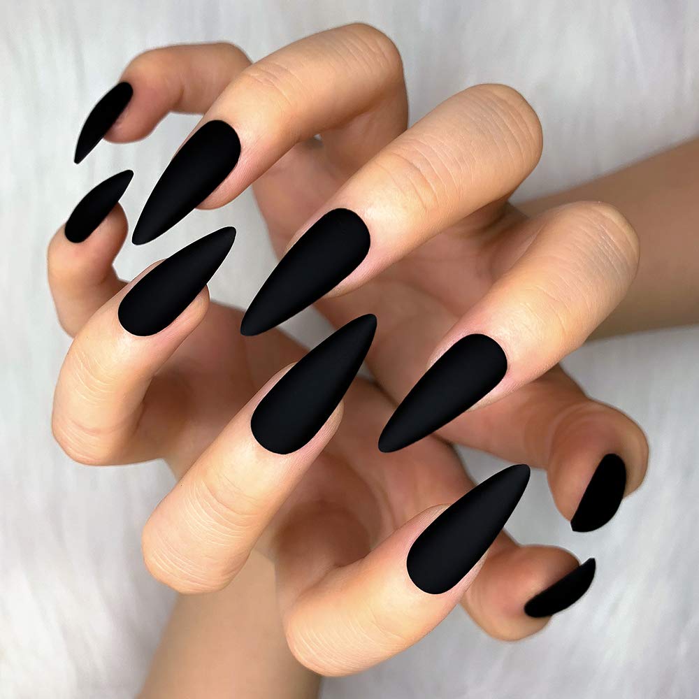Close-up of Morily stiletto almond shape nails in matte black.