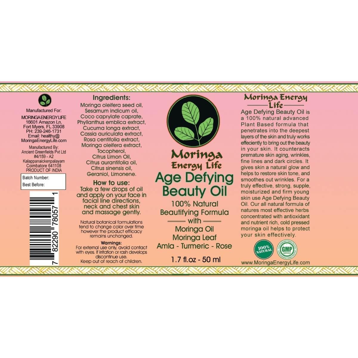 Moringa Energy Life Moringa Age Defying Oil bottle pour demonstrates easy application and quick absorption