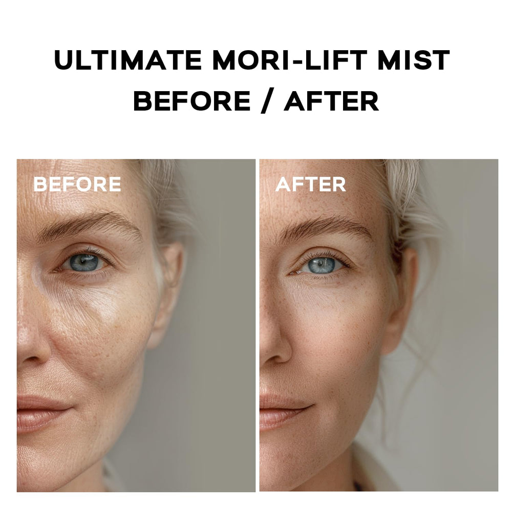 MORITEK face firming spray applied to cheek indicating lifting and contouring effects
