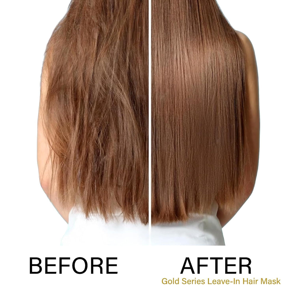 Moroccan Gold Series Hair Detangling Spray swirls through damp hair.