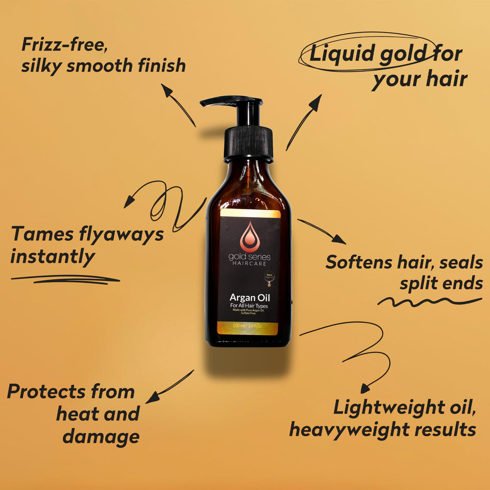 Moroccan Gold Series Argan Oil delivers glossy, frizz-free shine.