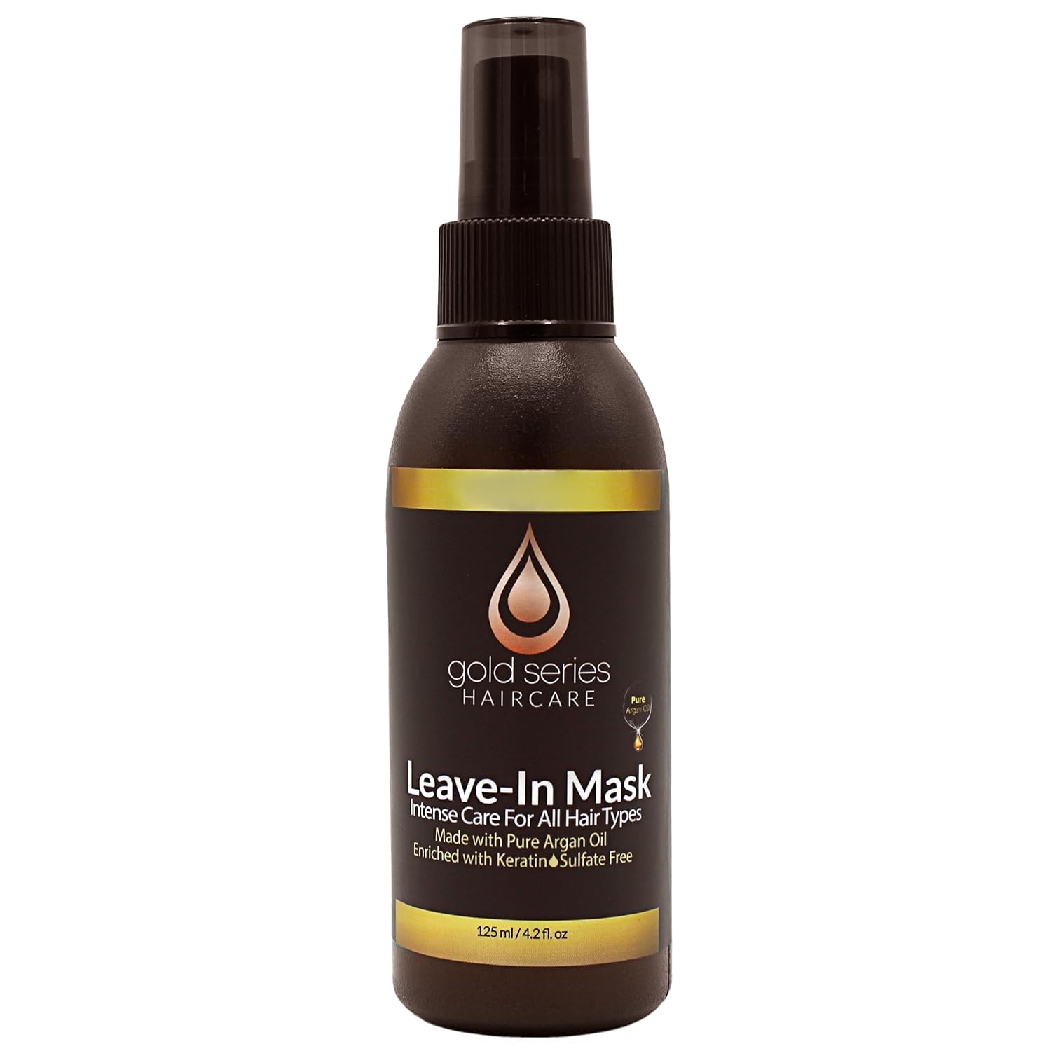 Moroccan Gold Series Leave-In Mask bottle pour: ultra-hydration for smooth detangling.